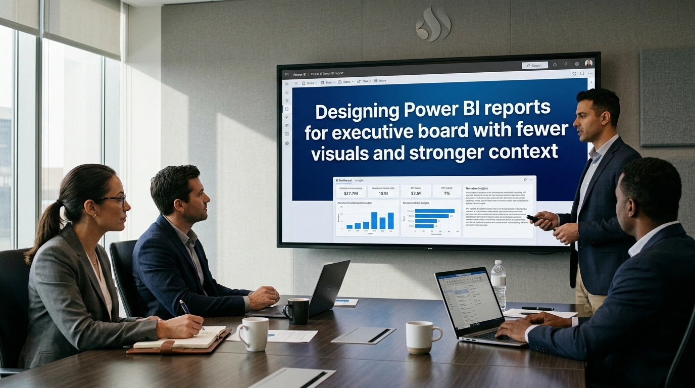 Designing Power BI reports for executive board with fewer visuals and stronger context
